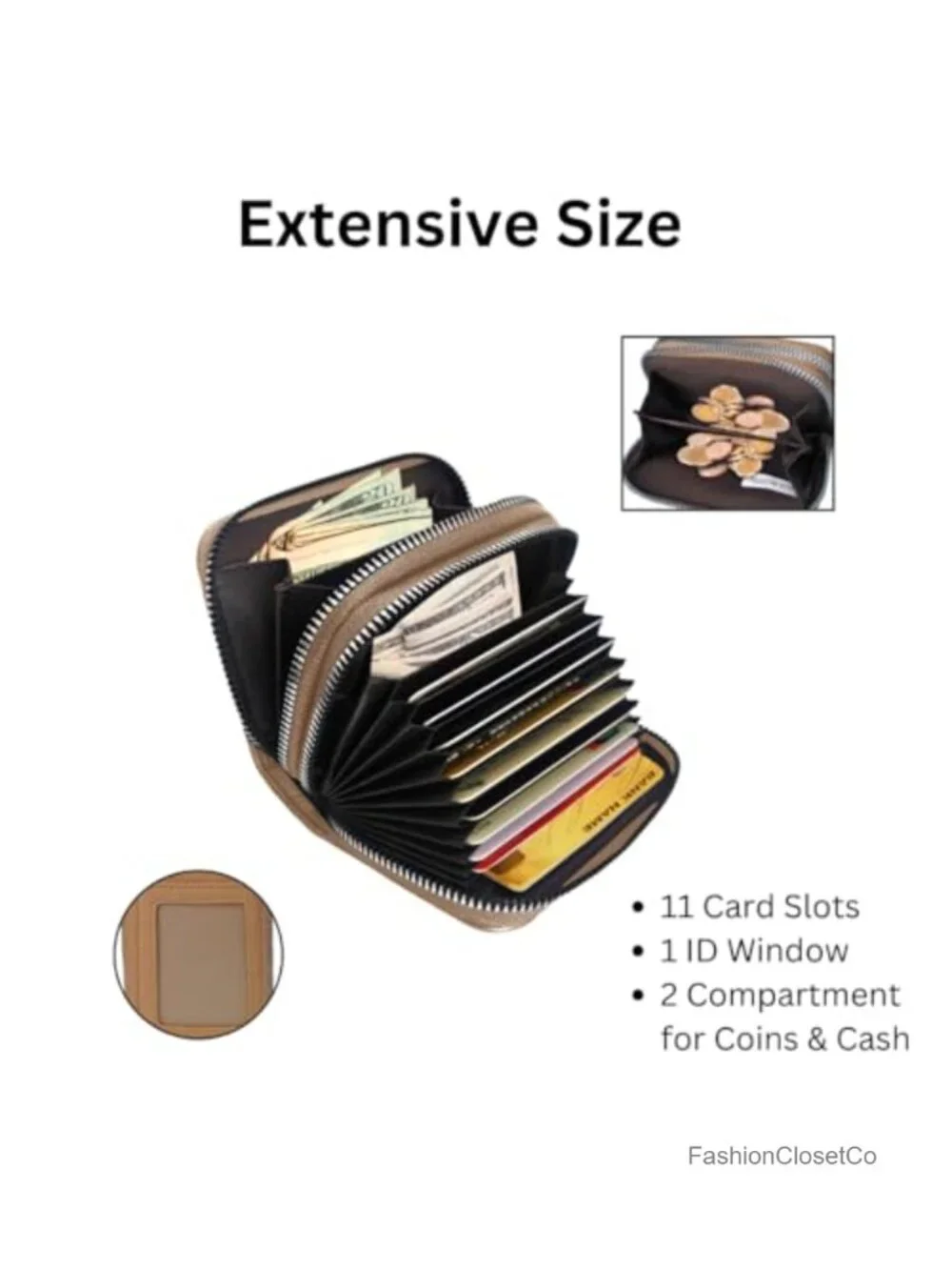 Small Zippered Faux Leather Wallet Accordion Card Holder 11 Slots